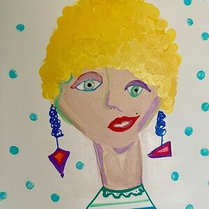 Hand-Painted Mixed Media Portrait in Yellow and Teal
